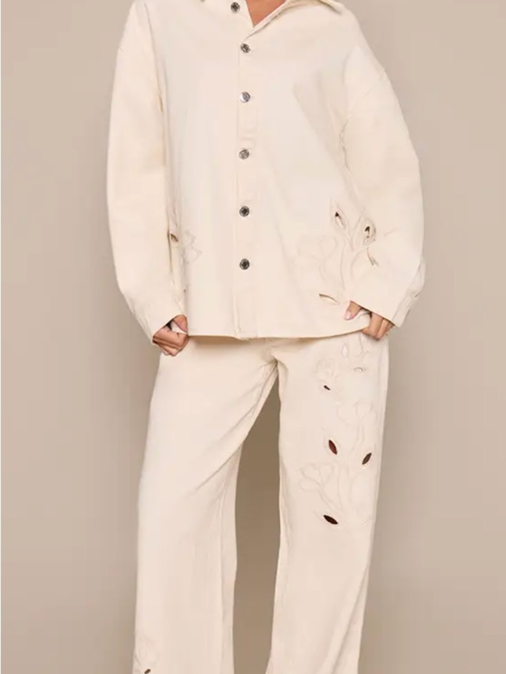 PrettyLittleThing Ecru denim embroidery cut out detail